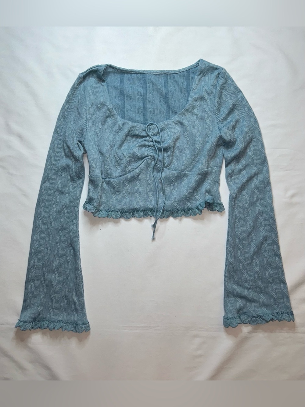 Blue Cable Knit Tie Front Crop Top Long Sleeve Y2K Coquette Fairy Grunge Boho S
